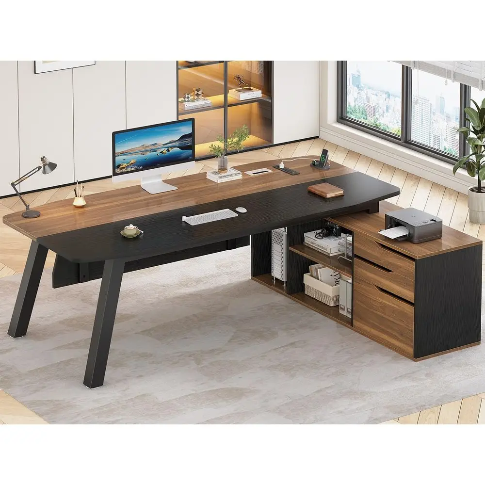 Home Office L Shaped Desk - 71 İnç Geniş Ofis Masası, Dosya