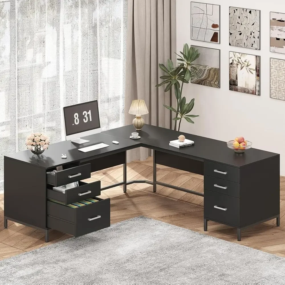 Home Office L Shaped Desk - Büyük L Şeklinde Ahşap Çalışma Masası,