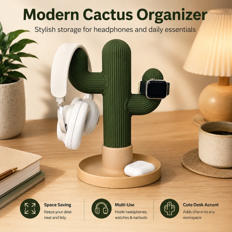 Home Office Organization - Minimalist Kaktüs Kulaklık Standı Çok Amaçlı