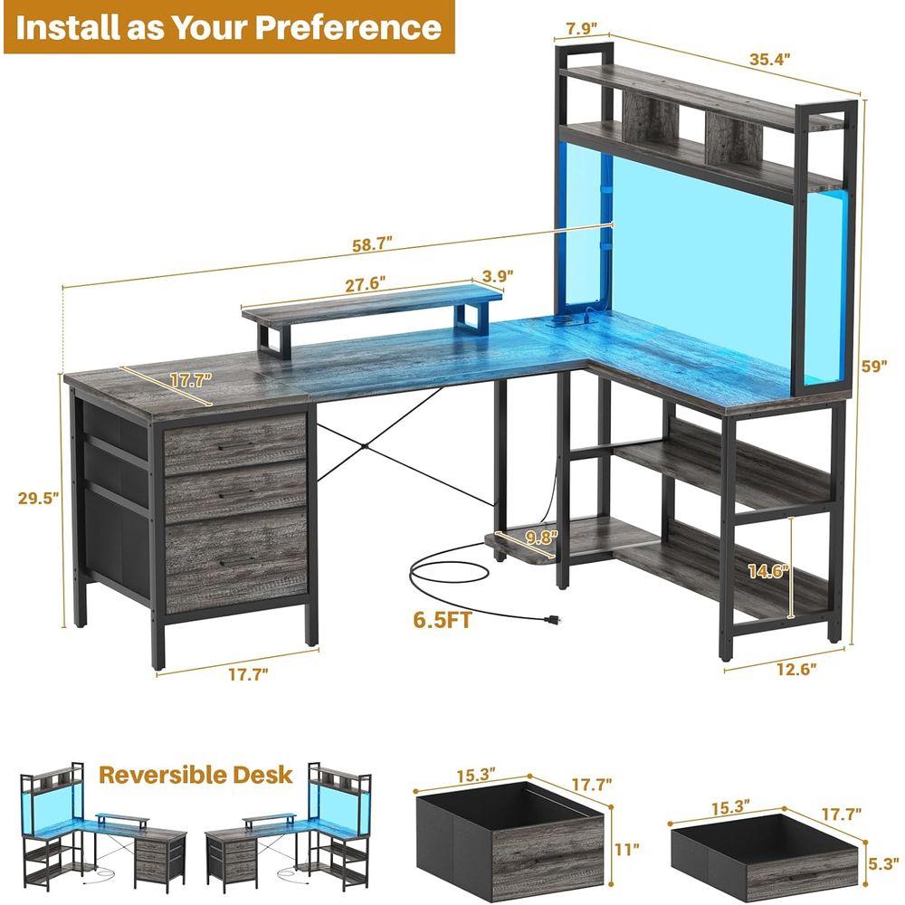 LED Oyun Işıklı, Çift Yönlü El - Home Office L Shaped Desk incelemesi ve fiyatı